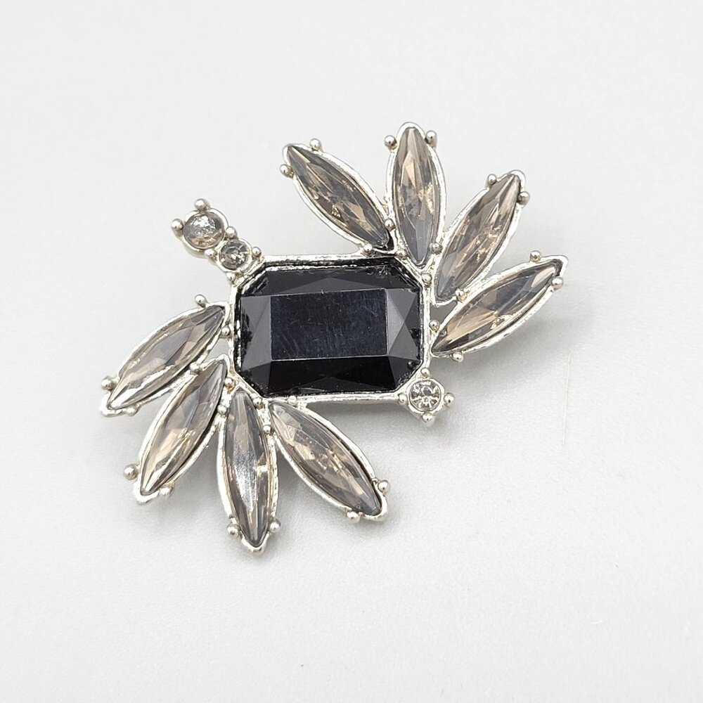 Vintage Abstract Art Brooch Gray Glass Black Bead Center Silver Tone Setting